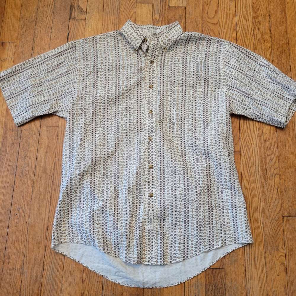 Savane M Shirt Cream Linen Geometric Diamond NO WRINKLES Soft Wash Button Down